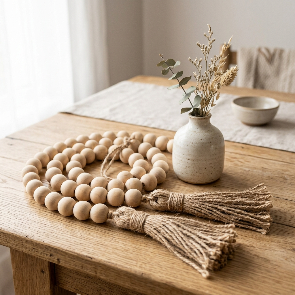 Wood Bead with Jute Tassels